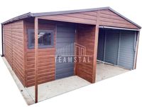 GARAŻ BLASZANY 5m x 6m poziom - dwuspad Brama uchylna + pomieszczenie gospodarcze - ciemny orzech - dodatkowe drzwi TS235
