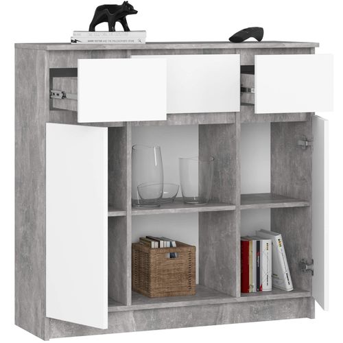 Komoda 101 cm pojemna 2 drzwi 3 szuflady 6 półek - beton biała na Arena.pl