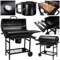 GRILL GRIL OGRODOWY WĘGLOWY POKRYWA POPIELNIK TERMOMETR BECZKA NA KÓŁKACH