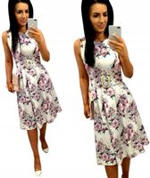 Sukienka w Kwiaty Rozkloszowana Midi Elegancka z Paskiem Wesele Komunię XL