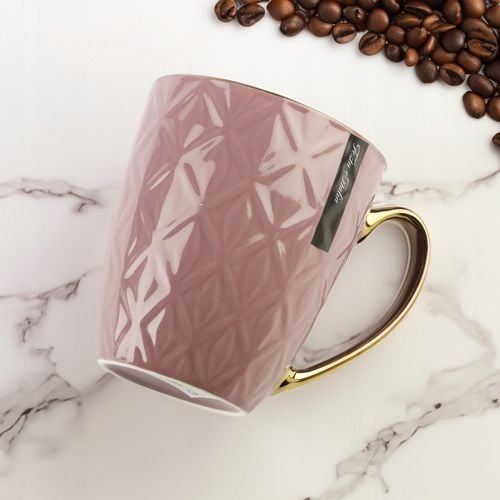 CERAMICZNY KUBEK NA KAWĘ HERBATĘ WRZOSOWY ZDOBIONY ZE ZŁOTYM UCHEM 360ML na Arena.pl