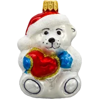 Bombka choinkowa szklana: Miś polarny w czapce Świętego Mikołaja z sercem