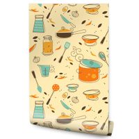 Tapeta Ścienna Do Kuchni Jadalni Jedzenie Warzywa Garnki Łyżki Styl Vintage