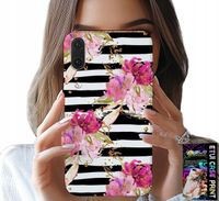 ETUI DO HUAWEI P20 - KWIATKI W CZARNO - BIAŁE PASKI WZORY
