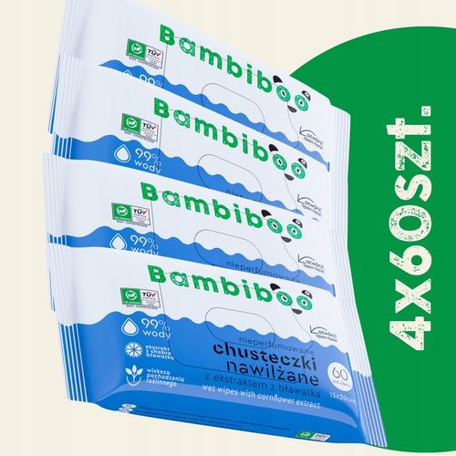 Chusteczki nawilżane Bambiboo 4x60szt. z ekstraktem z bławatka 99% wody na Arena.pl