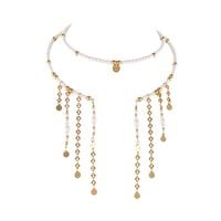 Choker z satynowych perełek i złotych kulek, z wiszącymi łańcuszkami