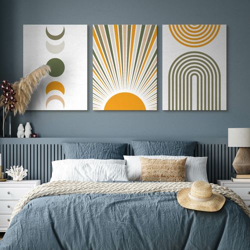 Obrazy Na Płótnie Do Salonu Set Boho Księżyce Słońce Abstrakcja 90cm x 40cm na Arena.pl