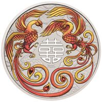 Chinese Myths and Legends: Double Phoenix kolorowany (czerwono-złoty) 1 uncja Srebra 2025 (moneta w karcie)