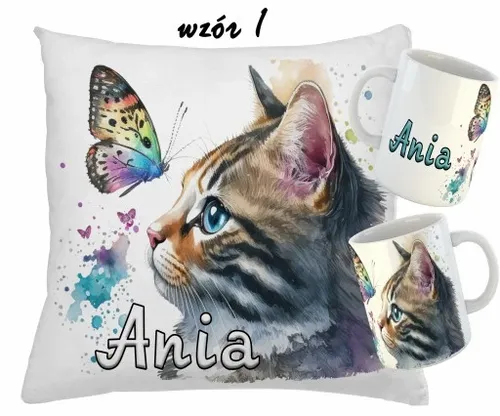Zestaw KUBEK + PODUSZKA KOTY KOT + RÓŻNE WZORY + IMIĘ na Arena.pl