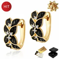 ZŁOTE KOLCZYKI DLA KOBIETY CZARNE KWIATY 585 ZAPIĘCIE ANGIELSKIE