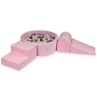 Piankowy plac zabaw z basenem okrągłym 90x30 pudrowy róż + 200 piłek (perła, srebrne, jasny róż)