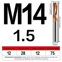 Frez do gwintowania M0.8-M20 - wieloostrzowy Rozmiar: M14x1.5x75L - TiSiN