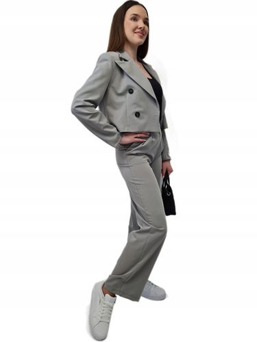 Nowoczesny GARNITUR DAMSKI Szary, Krótka Marynarka i Szerokie Spodnie, r.M na Arena.pl
