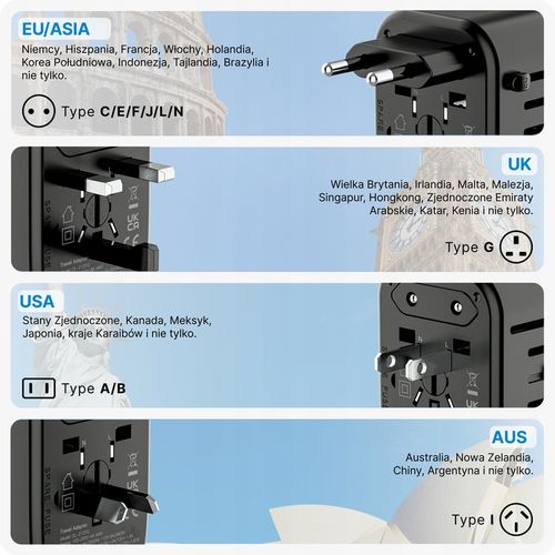 Wtyczka światowa VOOMY - 170+ krajów, 20W, 2 USB-C & 2 USB-A, Czarna na Arena.pl