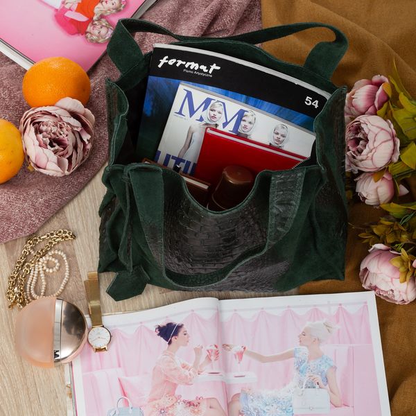 VERA PELLE torebka zamszowa shopper kroko na ramię V549 c.zielona zdjęcie 3