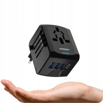 Wtyczka światowa VOOMY - 170+ krajów, 20W, 3 USB-A & 1 USB-C, Czarna na Arena.pl