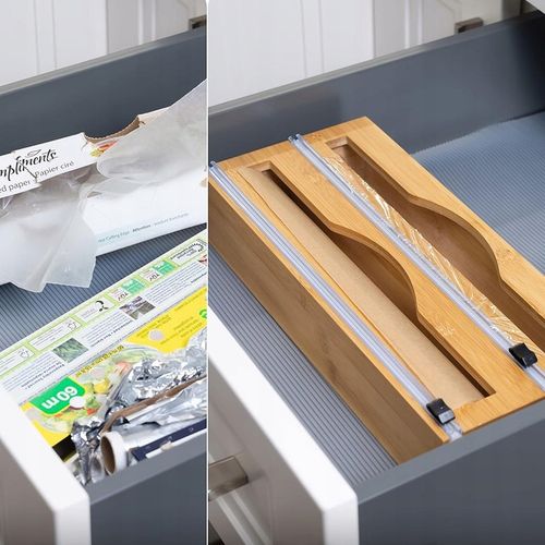 DOZOWNIK BAMBUSOWY DO FOLII SPOŻYWCZEJ Z OBCINACZEM KUCHENNY DWUKOMOROWY na Arena.pl