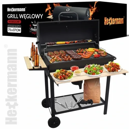 GRILL WĘGLOWY OGRODOWY 2 RUSZTY CHROMOWANE 2 PÓŁKI POPIELNIK TERMOMETR STAL zdjęcie 5