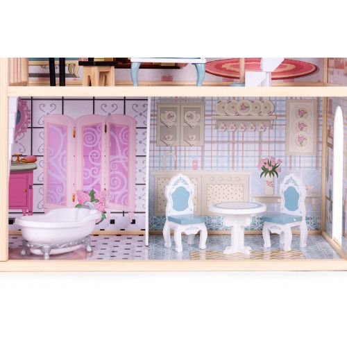 DOMEK DLA LALEK 3 POZIOMOWY ZESTAW 11 DREWNIANYCH MEBELKÓW na Arena.pl