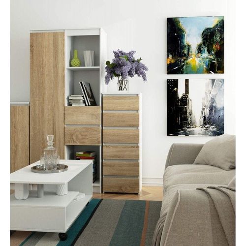 Wąska komoda do salonu, STILO, 40x35x109, biały, dąb sonoma| TYLETEGOTU na Arena.pl