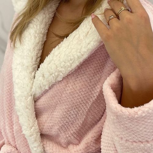 Szlafrok Damski Ciepły Miękki Gruby z Kapturem Uroczy Polarowy M Różowy na Arena.pl