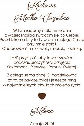 PODZIĘKOWANIE DLA MATKI CHRZESTNEJ KOMUNIA na Arena.pl