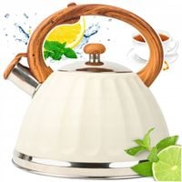 CZAJNIK STALOWY na GAZ 3L KREMOWY z GWIZDKIEM DREWNIANA RĄCZKA INDUKCJA