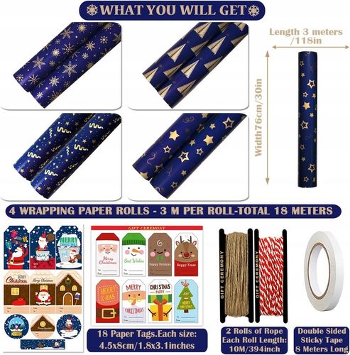 Papier prezentowy świąteczny do pakowania prezentów 4 rolki 76cmx3m na Arena.pl