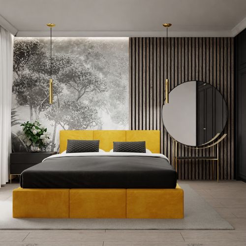 ŁÓŻKO TAPICEROWANE DO SYPIALNI 160x200 ŁÓŻKO PODWÓJNE Z POJEMNIKIEM ŻÓŁTE na Arena.pl