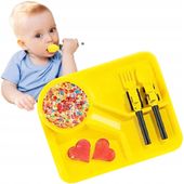 ZESTAW Talerz TACA dla DZIECI na owoce warzywa SZTUĆCE BUDOWLANE samochody