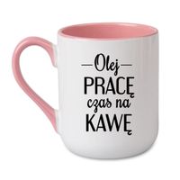 KUBEK "OLEJ PRACĘ CZAS NA KAWĘ" Wzór - Elegant Coffee Różowy 330 ml