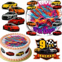 ZESTAW OPŁATEK NA TORT 20CM + 16 POSTACI - AUTA WYŚCIGOWE + IMIĘ 15CM 18CM