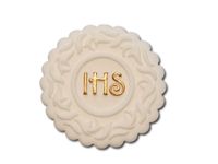 Ozdoba cukrowa na tort Komunia Chrzest IHS listki biało-złota