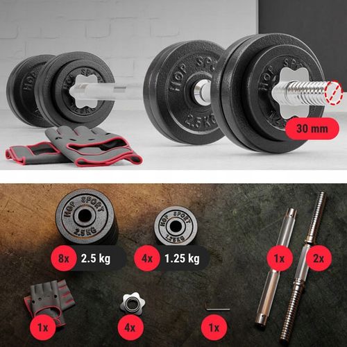 Hantle żeliwne 2x15kg zestaw z przedłużanym gryfem ryflowanym + zaciski na Arena.pl