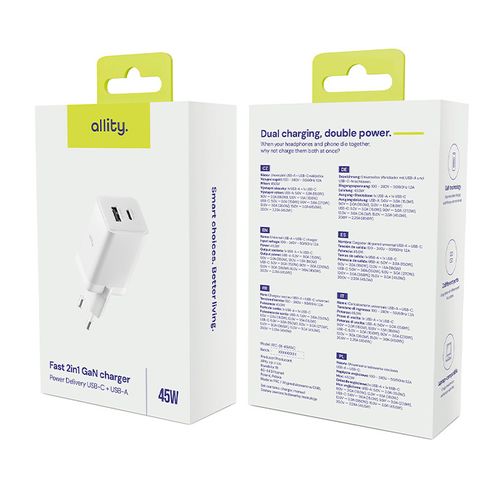 Allity ładowarka sieciowa GaN PD QC ATC-01-45WAC 1x USB-C 1x USB-A 45W na Arena.pl