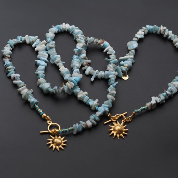 Naszyjnik z zawieszką - Larimar sieczka, słońce i srebro złocone zdjęcie 3