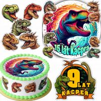 ZESTAW OPŁATEK NA TORT 20CM + 16 POSTACI - DINO DINOZAUR + IMIĘ 15CM 18CM