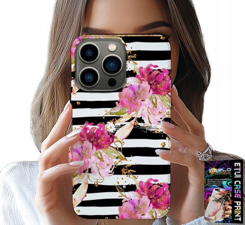 ETUI DO IPHONE 15 PRO - KWIATKI W CZARNO - BIAŁE PASKI WZORY na Arena.pl