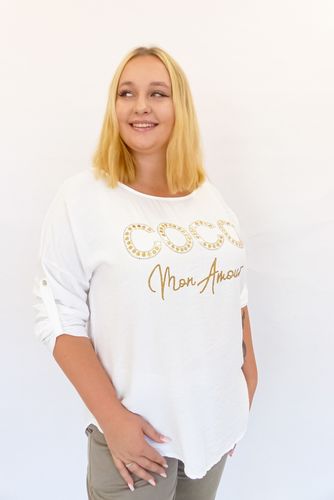 Biała Asymetryczna Bluzka ze Złotym Napisem CoCo UNI na Arena.pl