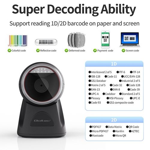 Qoltec Stacjonarny precyzyjny czytnik skaner kodów kreskowych i QR 1D 2D na Arena.pl