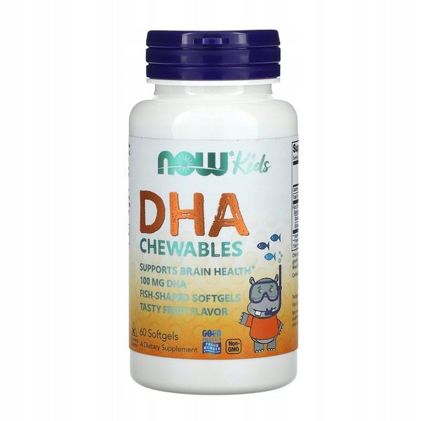 NOW Foods DHA Kid's Chewable 100mg KWASY OMEGA-3 DLA DZIECI WZROK 60kap zdjęcie 3