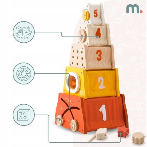 Drewniana piramidka edukacyjna Montessori sorter kształtów, labirynt, cyfry na Arena.pl