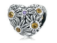 Rodowany srebrny charms pandora serce heart kwiatki flowers cyrkonie srebro 925 BEAD150