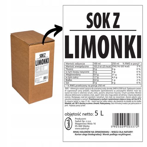 sok z limonki 100% Sadvit 5L ORZEŹWIAJĄCA LIMONKA z limonek limonkowy 100% na Arena.pl