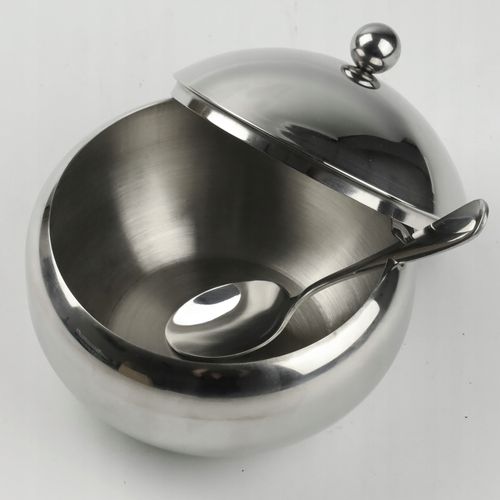 CUKIERNICA Z ŁYŻECZKĄ OKRĄGŁA STALOWA CUKIERNICZKA POJEMNIK NA CUKIER na Arena.pl