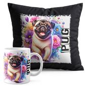 ZESTAW KUBEK + PODUSZKA CZARNA - PIES PSY PIESEK RASA MOPS PUG