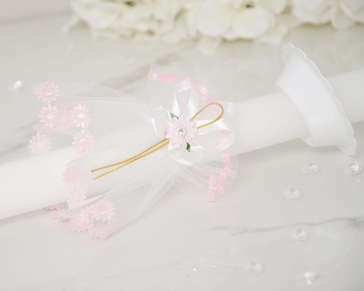 Biały stroik na świece do chrztu, komunii + okapnik SS-04 zdjęcie 1