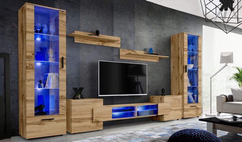 Pan Igiełka Meblościanka Blue LED  Czarny Biały Dąb Wotan 5 Elementów Salon zdjęcie 1