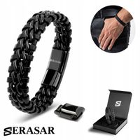 SERASAR, Męska Skórzana Bransoletka [Steel] Czarna, 23cm