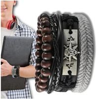 Zestaw męskich bransoletek skórzanych z koralikami i czaszką